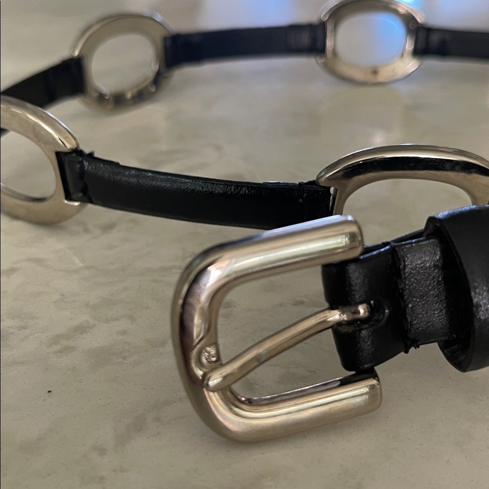 Amiee Lynn black leather belt silver tone oval links size M - Picture 3 of 17